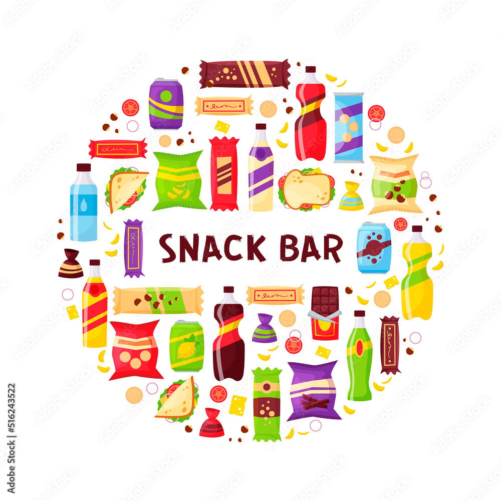 Fototapeta premium Snack set circle banner, fast food and drinks products. Beverage bottles, sandwich in pack, soda and juice. Food store elements for market design, cartoon style vector