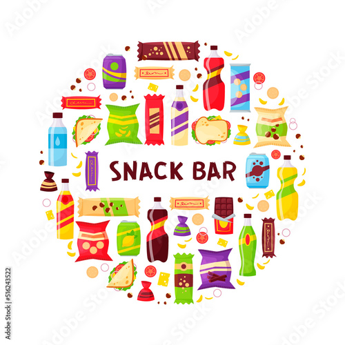 Snack set circle banner, fast food and drinks products. Beverage bottles, sandwich in pack, soda and juice. Food store elements for market design, cartoon style vector