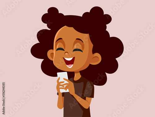 Little Girl Laughing Holding Her Smartphone Vector Cartoon Illustration. Child streaming funny viral videos watching them on her mobile phone
