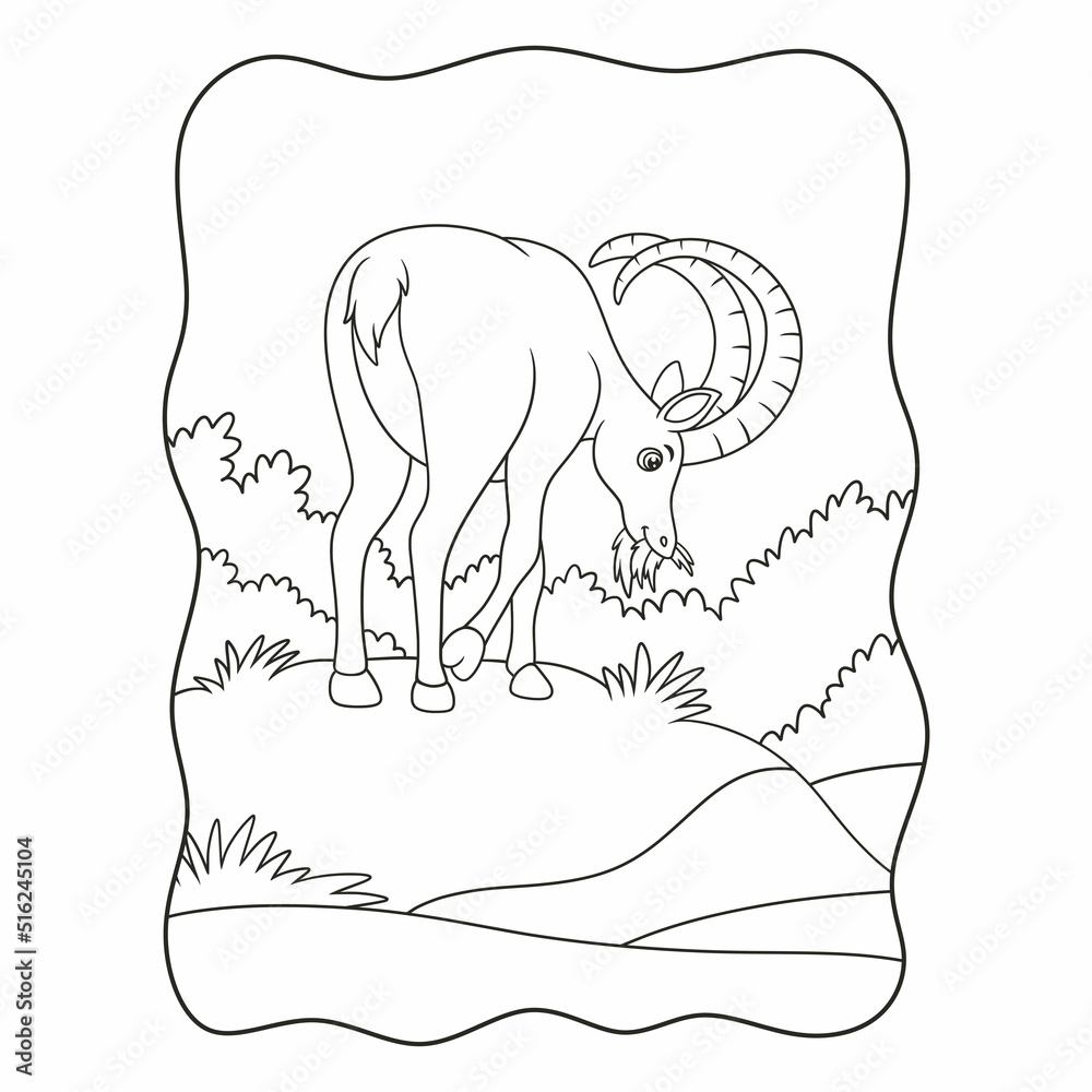 cartoon illustration an ibex walking in the middle of the meadow looking for food in the morning book or page for kids black and white cartoon illustration an ibex walking in the middle of the meadow looking for food in the morning book or page for kids black and white