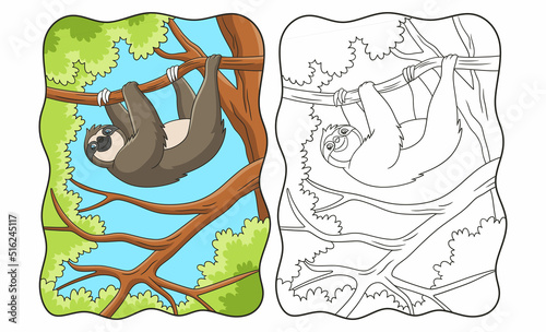 cartoon illustration a sloth is hanging on a tree casually to enjoy the hot sun in the morning book or page for kids