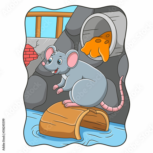 cartoon illustration rat is standing on a piece of log that drifted in the ditch