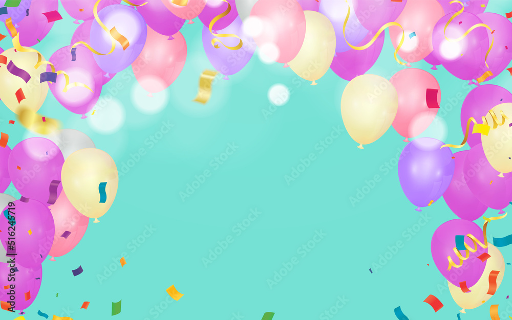 Happy Birthday Card Template with Balloons pink, Ribbon Vector Illustration