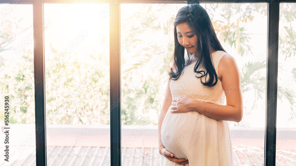 Cheerful Asian pregnant female smiling and gently touching tummy while sitting on comfortable sofa near brick wall Cheerful Asian pregnant female smiling and gently touching tummy while sitting on comfortable sofa near brick wall