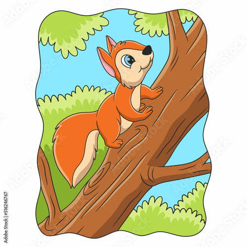 cartoon illustration a squirrel climbing a big tree to get food on it