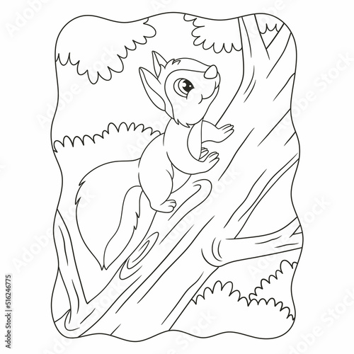 cartoon illustration a squirrel climbing a big tree to get food on it book or page for kids black and white