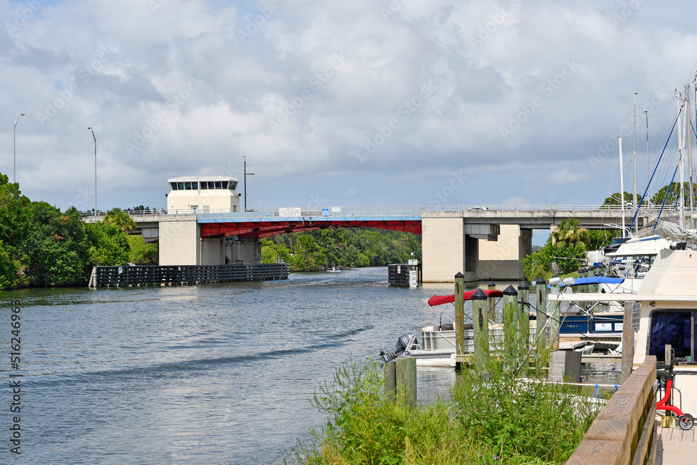 Drawbridge over the barge canal on Merritt Island between Cocoa Beach and Orlando in Florida. 