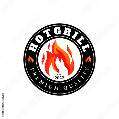Hot grill emblem design logo, fire and restaurant icon, red fire icon
