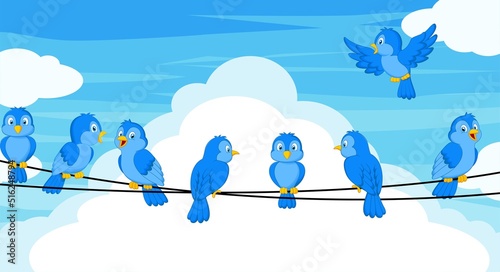 Set of blue bird cartoon sitting on wires photo