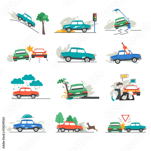 Car accident, crash damaged vehicle on road vector