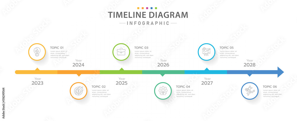 Infographic template for business. 6 Steps Modern Timeline diagram calendar with yearly topics, presentation vector infographic.