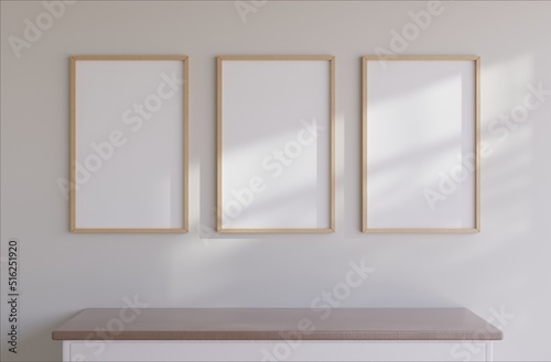 Wooden three vertical frame mockup on the wall with white background Minimalist home. Boho style. 3D illustrations.