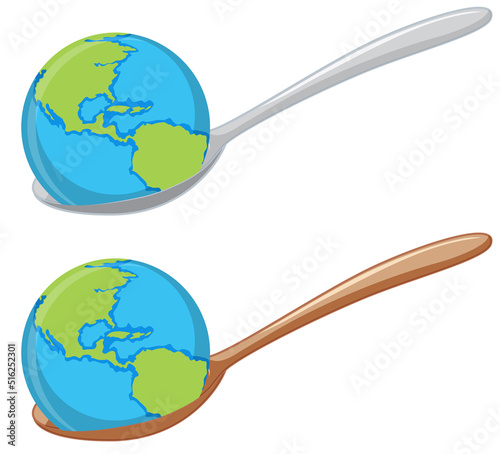 Earth globe on spoon on white background