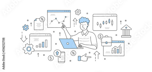 Stock market doodle concept. Businessman trader working on computer selling and buying currency and company bonds using broker services and pc application, investment, Line art vector web banner