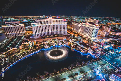 Las Vegas Ariel View at night with fountains going