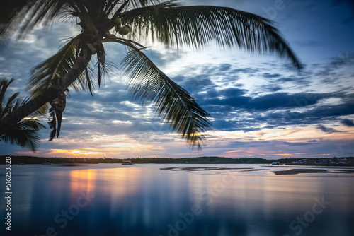 Long exposure: Porto Seguro Beach at dawn with palm trees, BAHIA