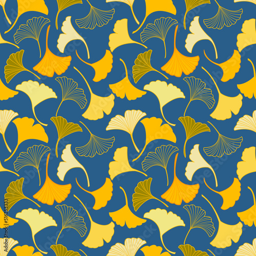 Vector seamless pattern with yellow and green ginkgo leaves falling, illustration abstract autumn leaf drawing on blue background for fashion fabric textiles printing, wallpaper and paper wrapping photo