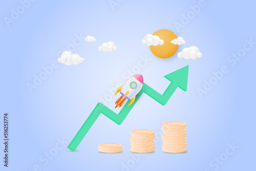 Financial success and growth concept. Rocket, Green up arrow and coin stacks on background. 3d vector illustration.