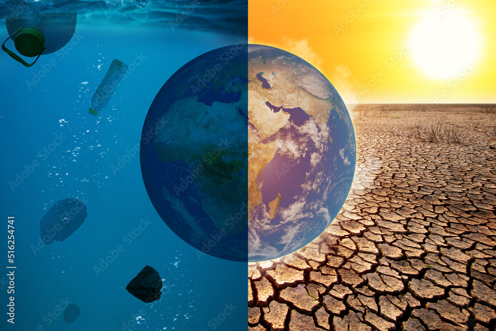 World globe drown in dirty ocean and Dry earth with hot temperature and  Drought environment metaphor confrontation with climate change. Elements of  this image furnished by NASA Stock-illustration | Adobe Stock
