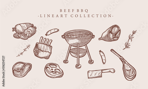 vintage hand drawn meat beef bbq line art collection