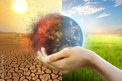 Hand of young man hold world globe with burn hot by drought environment and beautiful green abundance nature metaphor Climate change. Elements of this image furnished by NASA