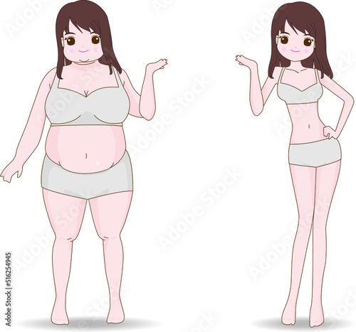 Fat and slim girls. Before and after. Weight loss concept. Vector illustration.