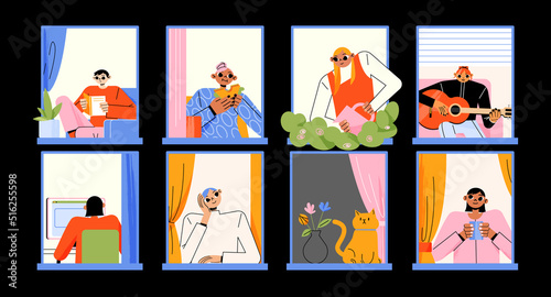 Neighbors and pets in house windows at night. Vector flat illustration of people in apartments work on computer, play guitar, eat, read book and look outside in windows isolated on black background