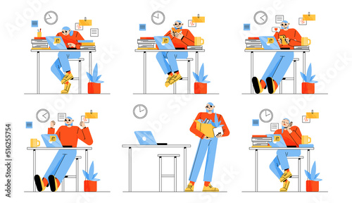 Office worker emotions, different activities and procrastination isolated set. Manager woman work at laptop, fired, love chat, rejoice, eat lunch, boring or sleep, Line art flat vector illustration