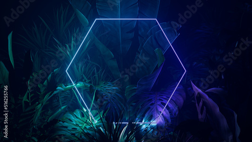 Tropical Leaves Illuminated with Green and Purple Fluorescent Light. Exotic Environment with Hexagon shaped Neon Frame. photo