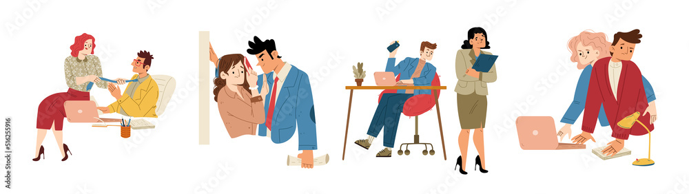 Sexual harassment at work, abuse, inappropriate touches in office concept. Lustful colleague or boss covet employee at workplace. Violence at job, unwanted advances, Flat vector line art illustration - obrazy, fototapety, plakaty 