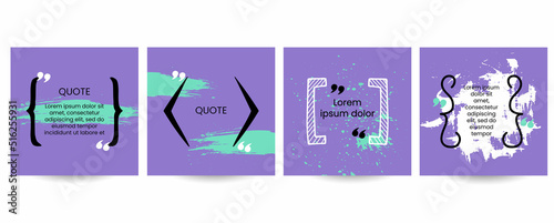 Quote poster set. Hand drawn geometric bracket frame, box collection with double comma sign, bubble speech and quotation place. Blank template for comment or message, banner vector isolated set