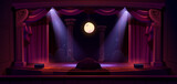 Theater stage with red curtains, spotlights and moon. Theatre interior with empty wooden scene, luxury velvet drapes and decoration, music hall, opera, drama cartoon background, Vector illustration
