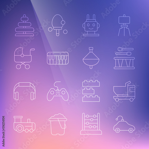 Set line Radio controlled car toy, Toy truck, Drum with drum sticks, Robot, Music synthesizer, Baby stroller, Pyramid and Whirligig icon. Vector