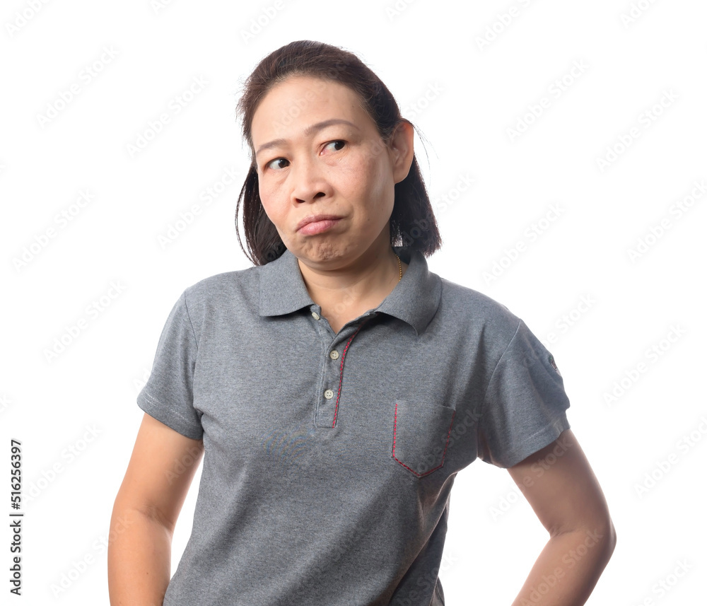 Portrait of a short-haired Asian woman wearing a gray collared shirt on a white background. Portrait of a short-haired Asian woman wearing a gray collared shirt on a white background.