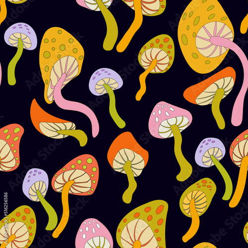 Psychedelic trippy seamless pattern with mushrooms. Trippy 60s mushroom cannabis endless pattern on dark background