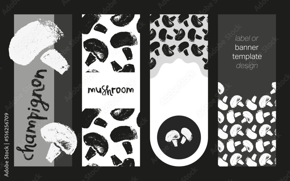 Vector champignon hand-drawn Illustrations. Black and white Mushrooms pattern seamless. Vegetarian cooking courses banner. Edible fungi wallpapers. Champignons label design. Mushroom soup ingredients.