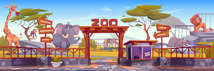 Foto auf Acrylglas Zoo Zoo mit niedlichen afrikanischen Tieren, Eingang mit Holzbogen, Zaun und Kassenhäuschen. Vektorkarikaturlandschaft des zoologischen Parks mit Elefanten, Zebras, Löwen, Giraffen, Affen und Flusspferden  © klyaksun