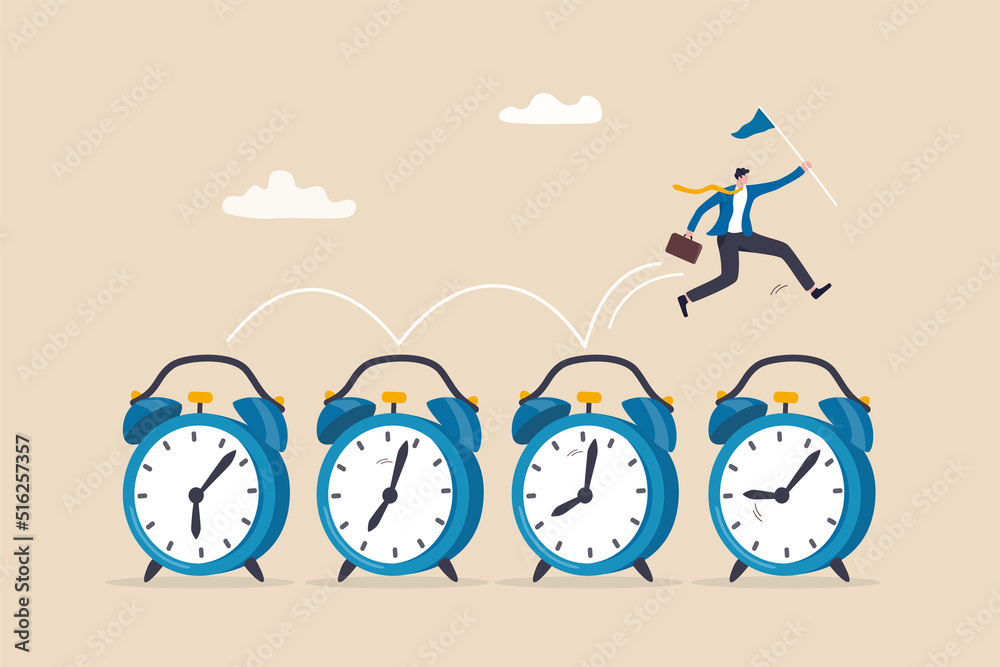 Time management, procrastination or work productivity, finish project within deadline, work efficiency or planning, fast pace project concept, businessman expert jumping on time passing alarm clock.