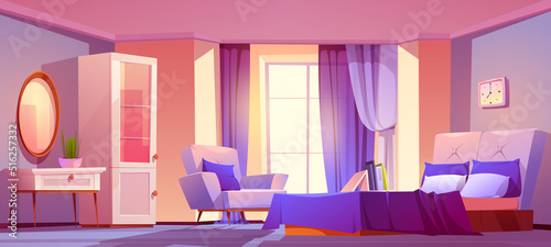 Pink bedroom interior with purple decor. Empty room with modern furniture, mirror, bed, armchair, table and cupboard. Feminine design for girl, hotel suit, apartment. Cartoon vector illustration