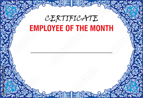 Best Employee of the Month appreciation certificate blue pottery design frame with space to write name and company name. photo