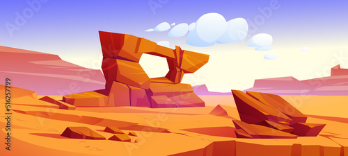 Arizona desert landscape, wild west background with golden sand dunes and stones under blue sky. Dry deserted nature with cracked yellow sandy surface and arch rocks, Cartoon vector illustration © klyaksun