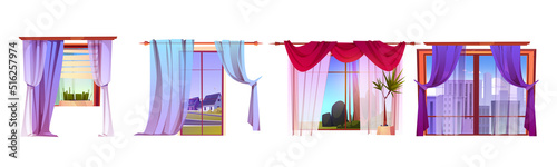 Windows with curtains and different views outside. Vector cartoon set of house interior elements, window with drapes and blind with summer backyard landscape, cityscape and suburb street outside