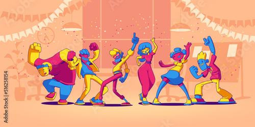People dance and have fun on office party. Vector illustration in contemporary style with funny employee characters, company team persons celebrating holiday and dancing