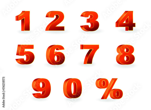 3D Vector 0, 1, 2, 3, 4, 5, 6, 7, 8, 9 Red and gold  colour number alphabet.Set Of 3D figures of red colour and sign of percent.