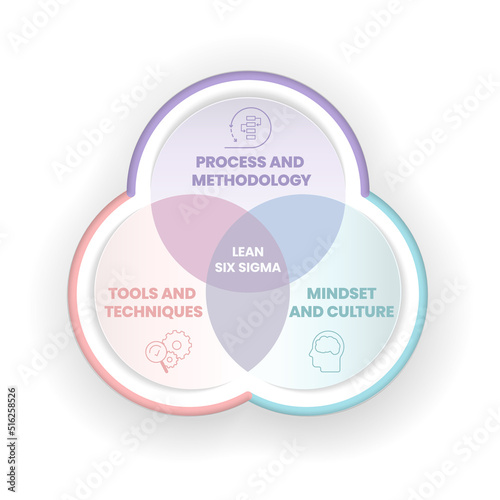 A Lean Six Sigma analysis venn diagram has 3 steps such as process and methodology, tools and techniques, mindset and culture. Business infographic presentation vector for slide or website banner.