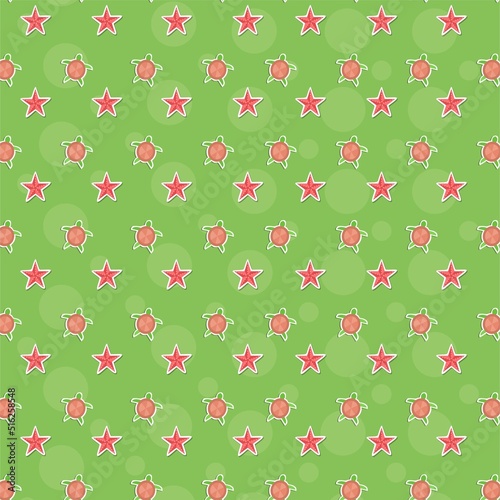 Cute starfish and turtle pattern on green background.