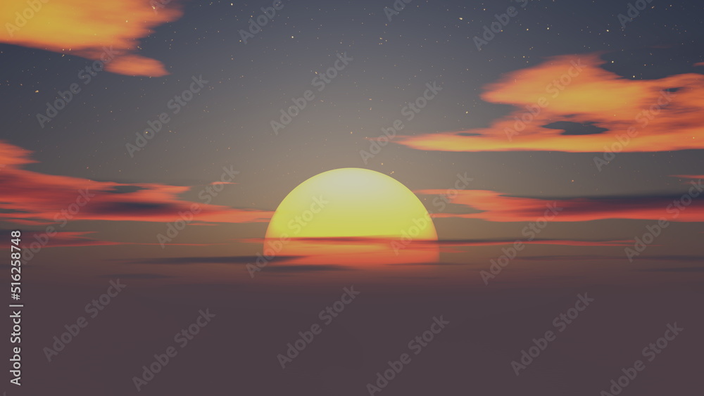 Sunset in sea, sun in waves of ocean. Fantastic sunset in summer on sea, sun melts in the waves. Clouds in rays of sun are reflected in the water. 3d render