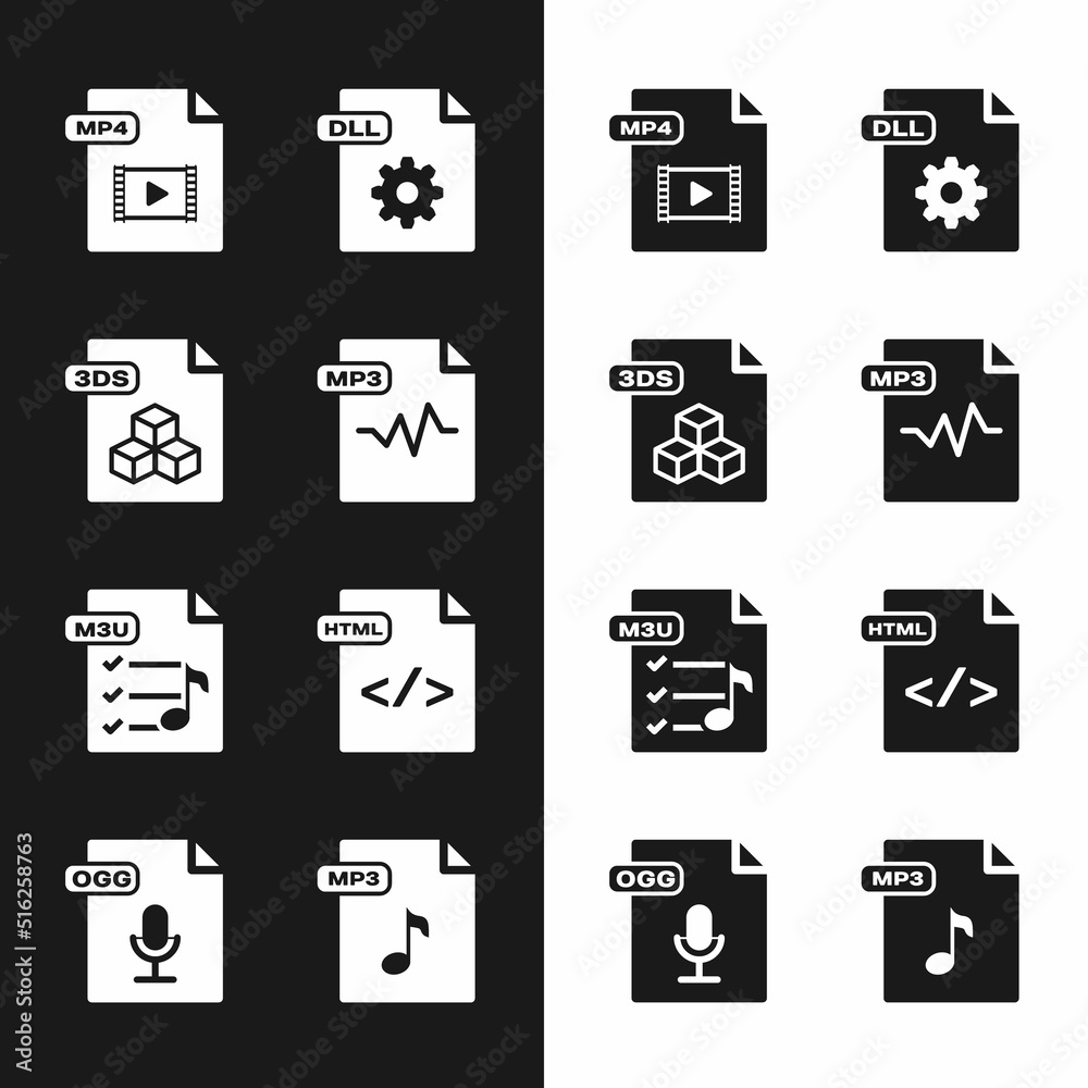 Set MP3 file document, 3DS, MP4, DLL, M3U, HTML, and OGG icon. Vector Set MP3 file document, 3DS, MP4, DLL, M3U, HTML, and OGG icon. Vector