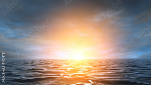 Foto Fantasy sunset sunrise on sea panorama, bright beautiful sunset colored clouds