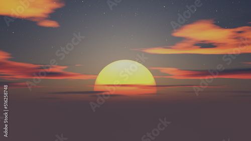 Fototapeta Naklejka Na Ścianę i Meble -  Sunset in sea, sun in waves of ocean. Fantastic sunset in summer on sea, sun melts in the waves. Clouds in rays of sun are reflected in the water. 3d render